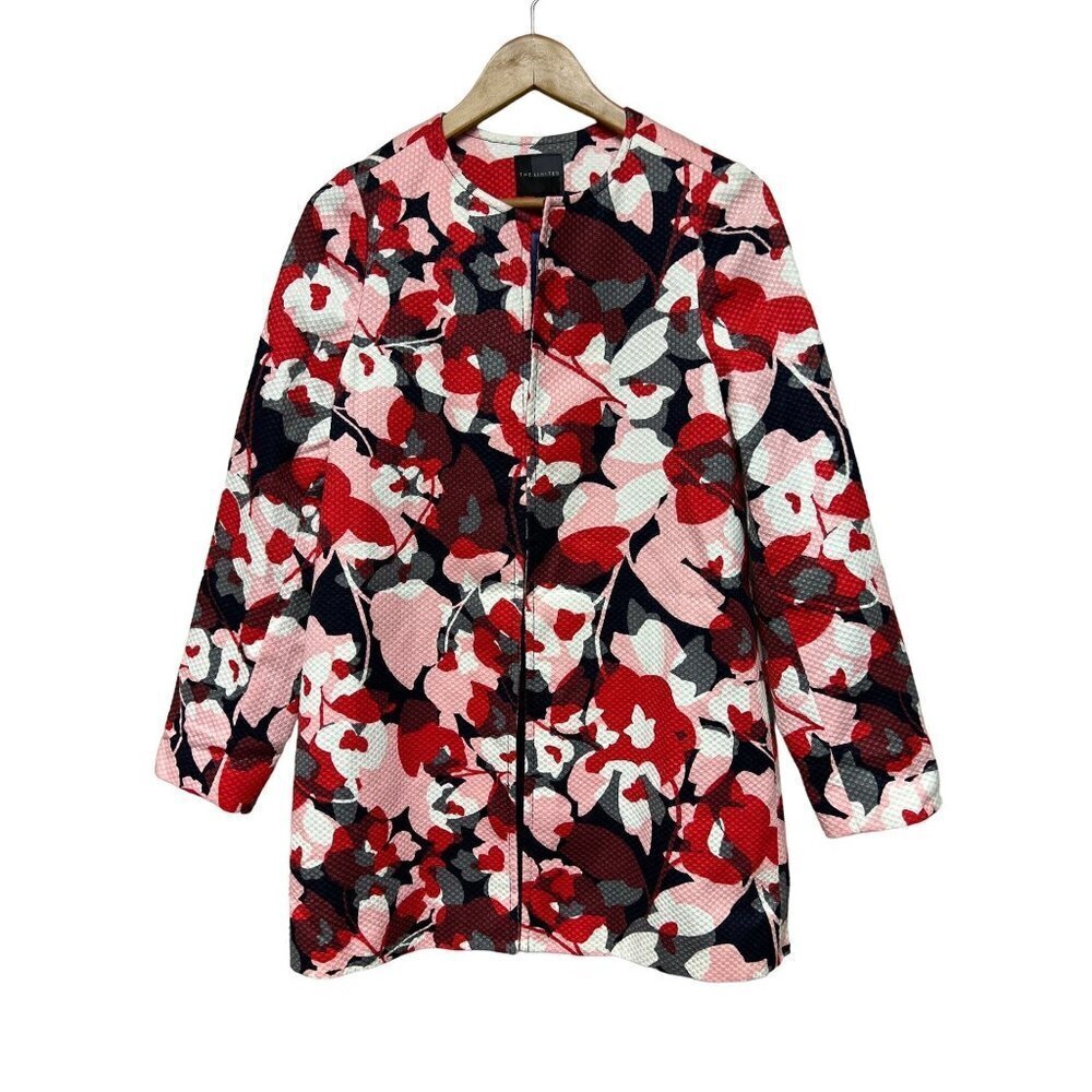 The Limited Pink Red Floral Textured Open Swing Jacket Spring Women's Small